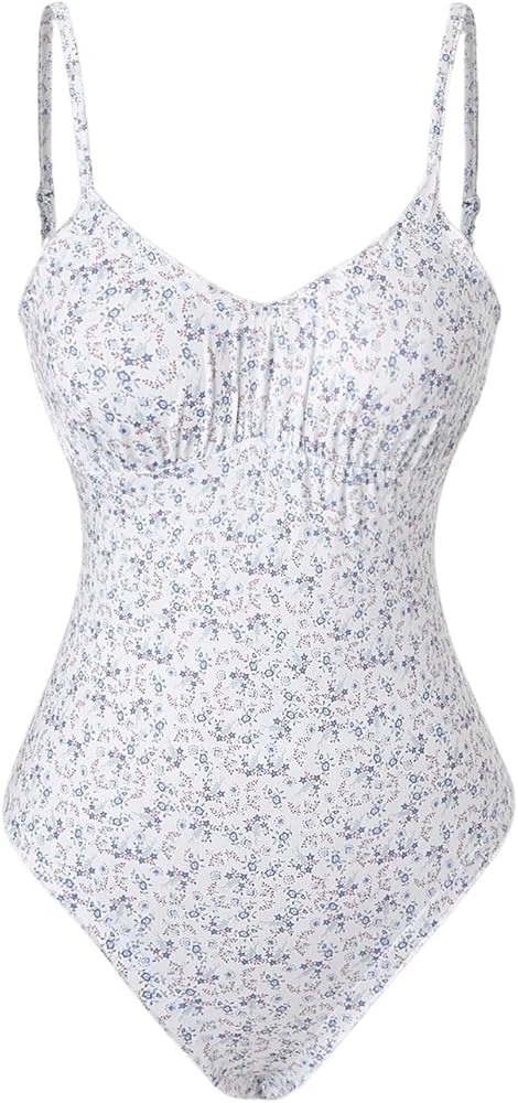 MakeMeChic Women's Floral Print Sleeveless Ruched Bodysuit Spaghetti Strap Leotard Cami Tops