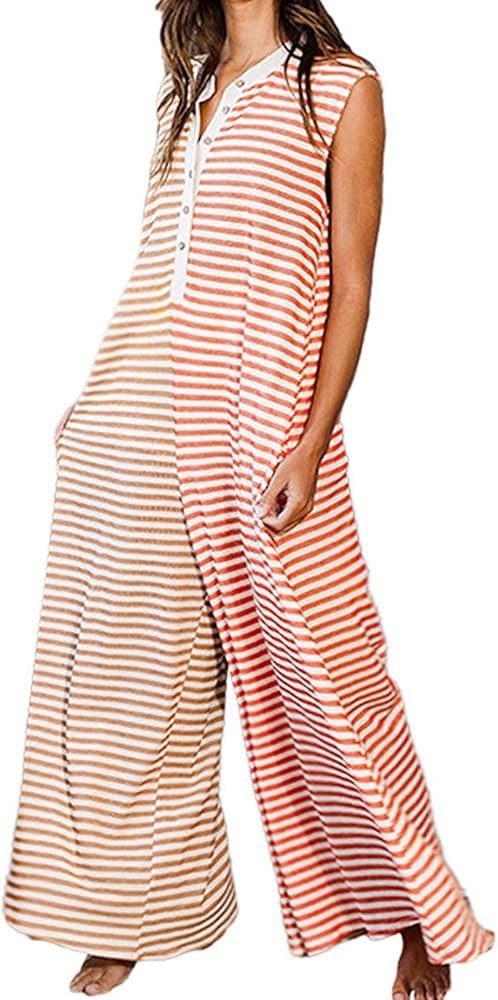 CHARTOU Loose Striped Wide Leg Jumpsuit for Women Summer Romper Flowy Pants Comfy Sleeveless Button Baggy Overalls