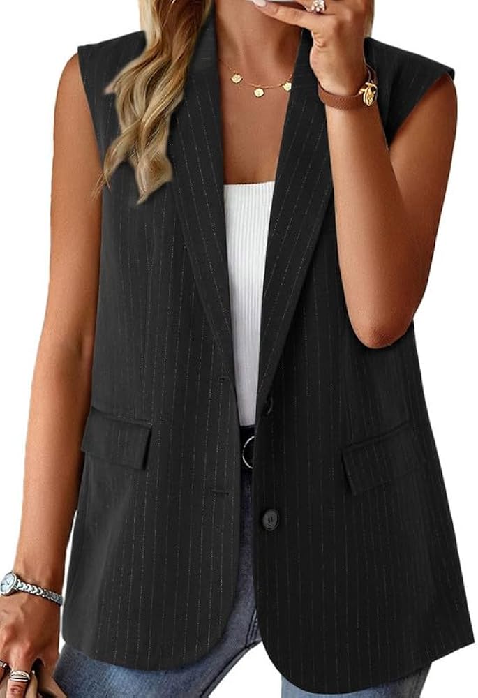 Dokotoo Womens Vest Dressy Casual Stripes Sleeveless Blazer Button Up Lightweight Summer Work Office Suit Vest