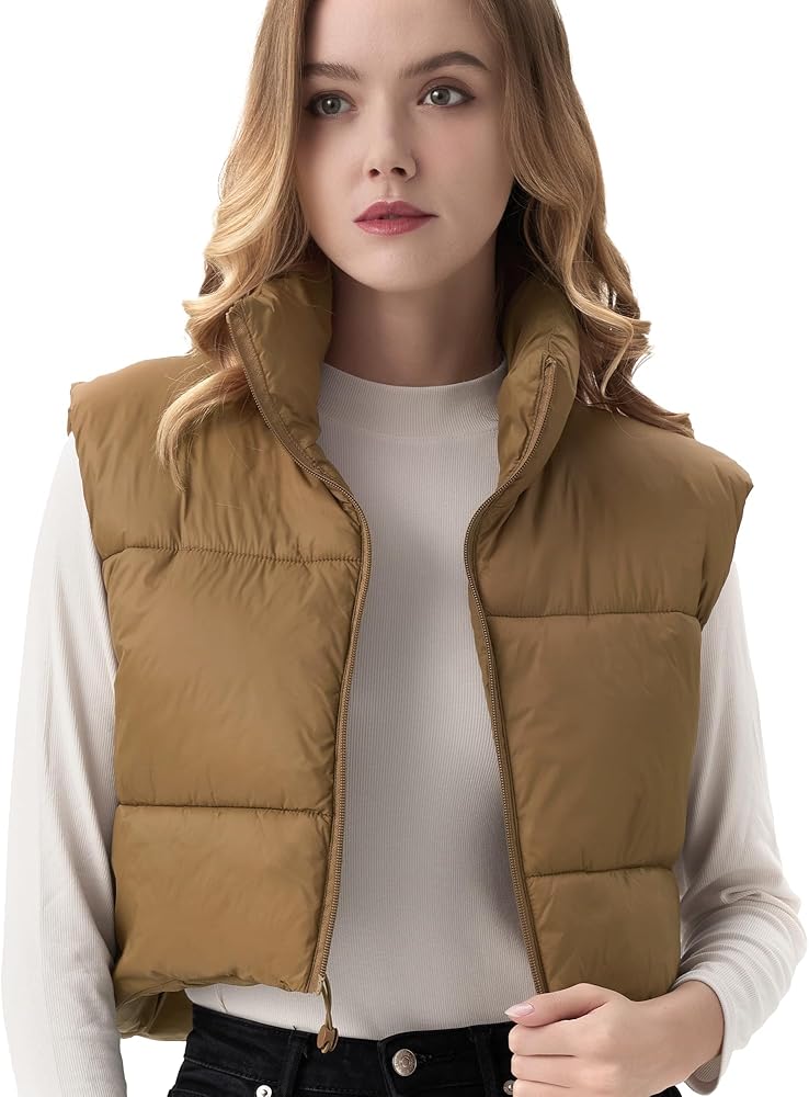 Women's Cropped Puffer Vest Lightweight Sleeveless Warm Vests For Women Winter Stand Collar Padded Gilet