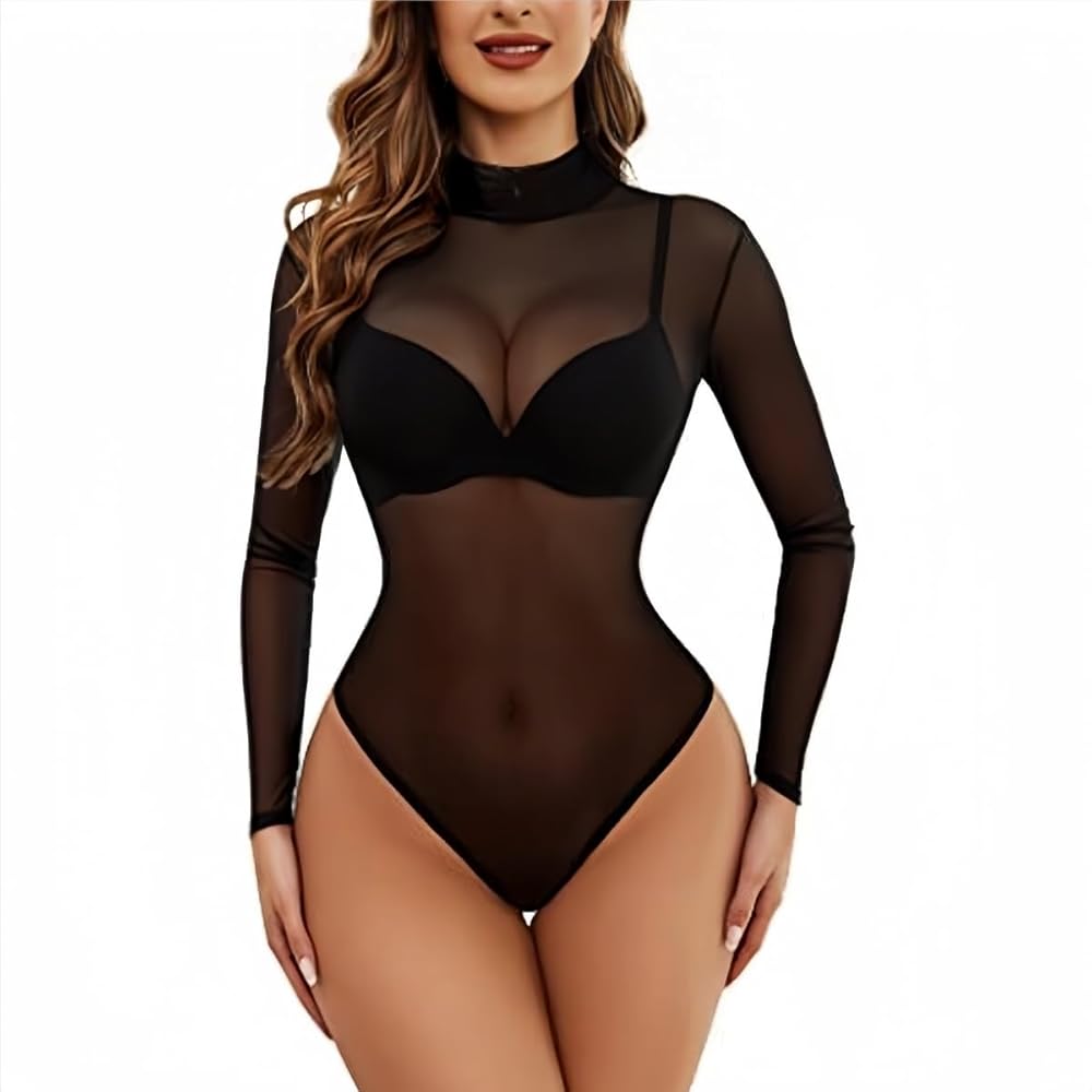 Women Long Sleeves Bodysuit Sheer Mesh See Through Mock Neck Black Jumpsuit Tops Leotard Slim Fit Clubwear