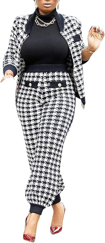 LKOUS 2 Piece Work Suits for Women's Houndstooth Print Buttons Open Front Long Sleeve Coat + Long Pants Casual Clothes