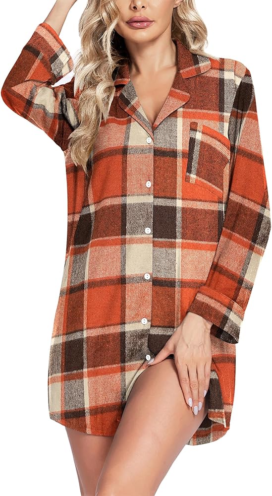 Ekouaer Womens Cotton Nightgowns Button Down Sleepshirt Long Sleeve Plaid Night Shirt Casual Boyfriend Pajamas Dress