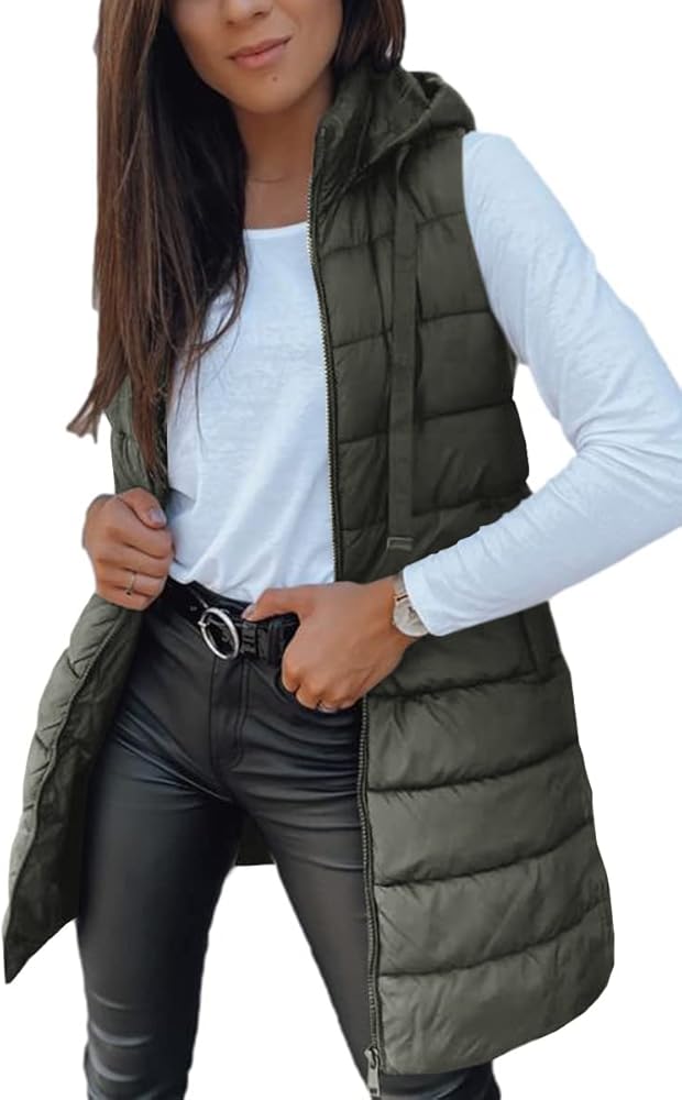 Veatzaer Women Long Vest Solid Color Sleeveless Hood Winter Puffer Vest Outwear