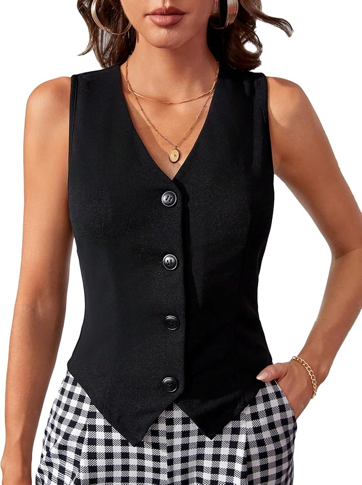 Verdusa Women's Button Front Lapel Collar Sleeveless Crop Vest Waistcoat Jacket