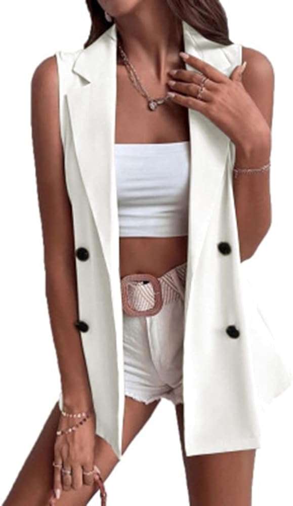 Women's Sleeveless Open Front Cardigan Vest Casual Double Breasted Vest Blazer Jacket with Pockets