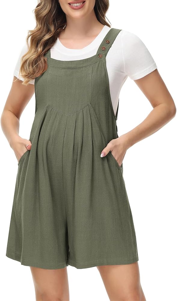 Maacie Maternity Rompers Overall Linen Wide Leg Casual Sleeveless Jumpsuit with Pockets Loose Comfy Summer Outfits