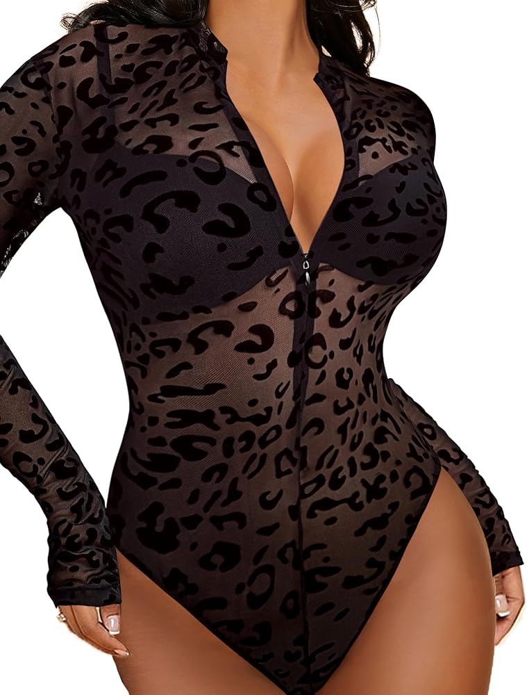 Avidlove Womens Mesh Bodysuit Long Sleeve Snap Crotch Bodysuit See Through Zipper Sheer Leotards Sexy Bodysuit Tops