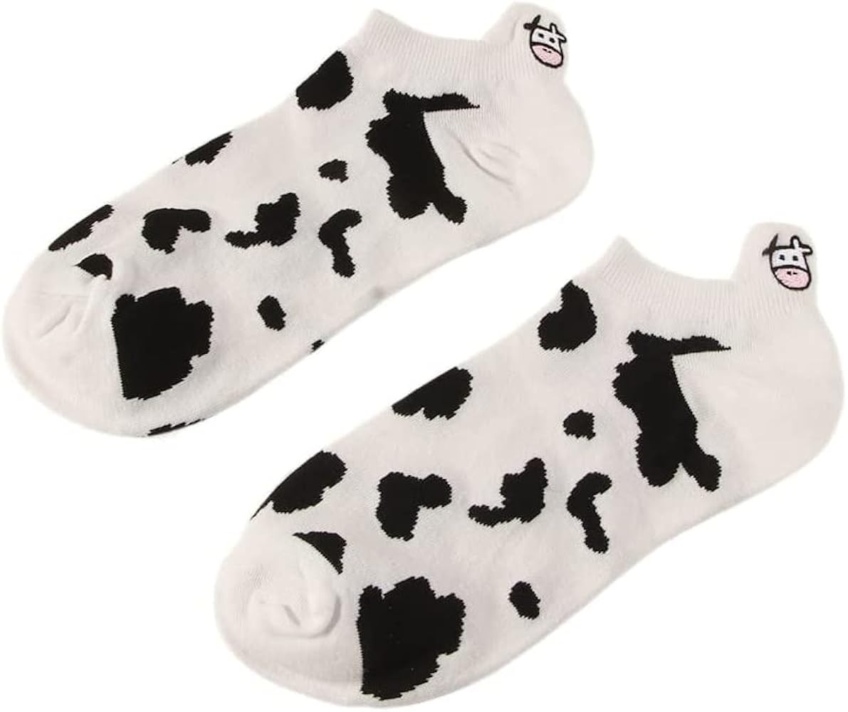 1 Pair Socks, Funny Women Socks, Trendy Cotton Hosiery, Cow Print Socks, Black White Short Sock, Casual Ankle Socks(A), Cotton Kawaii Embroidered Funny Socks for Women Girls Ankle Socks