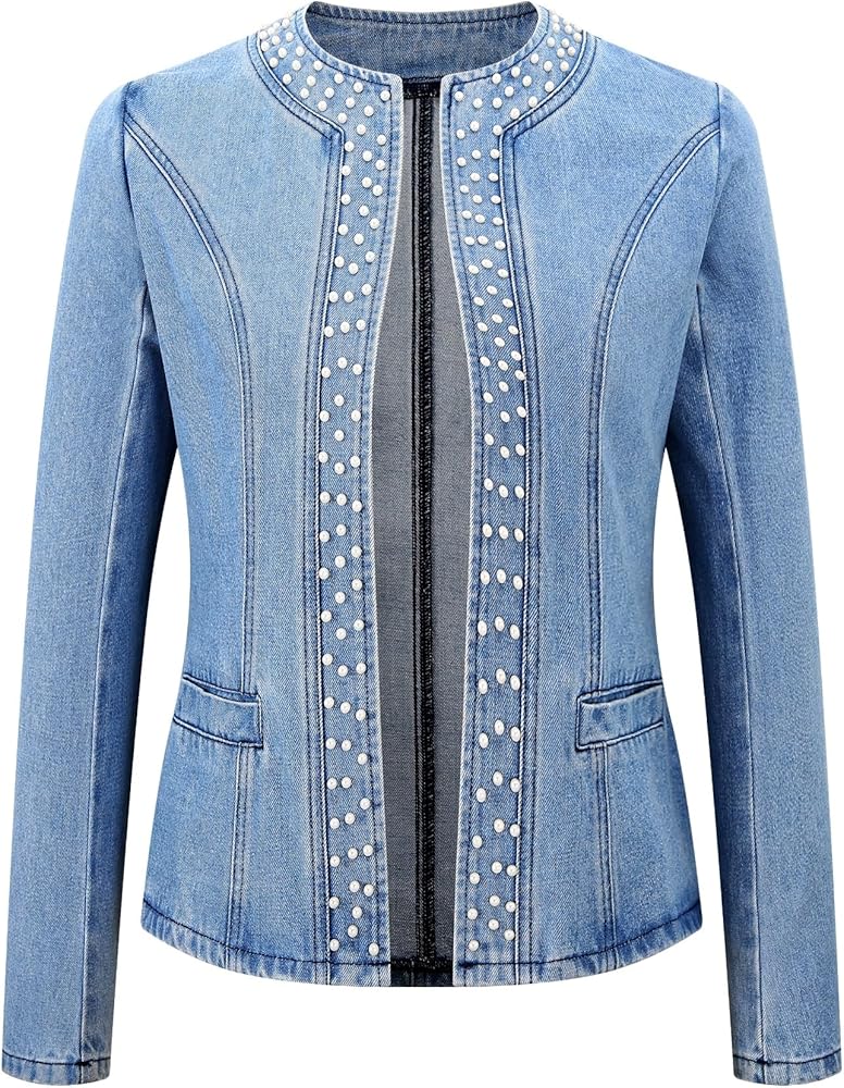 Kedera Women's Pearl Denim Jacket Long Sleeve Collarless Rivet Short Denim Coat with Pockets