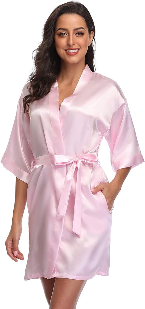 Women's Pure Short Satin Robes Bridesmaid Bride Party Kimono Silky Sleepwear for Wedding Party