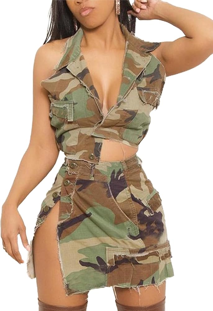 DINGANG Short Camo Skirt Outfit for Women Two Piece Summer Jumpsuit Cargo Romper Set High Waist Split Skirt + Crop Top