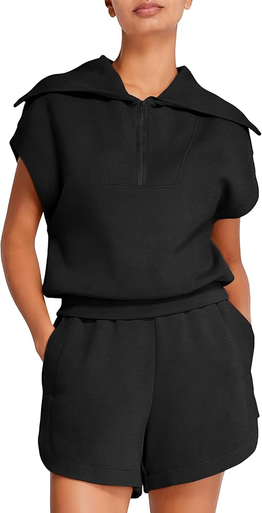 SWOMOG Womens Track Suits 2 Piece Half-Zip Lapel Cap Sleeve Sweatshirt High Waist Drawstring Shorts with Pockets Sweatsuit