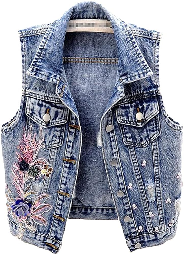 Fashion Denim Vest Women Spring Autumn Patch Flowers Sequins Beads Sleeveless Waistcoat Student Top Jean Jackets