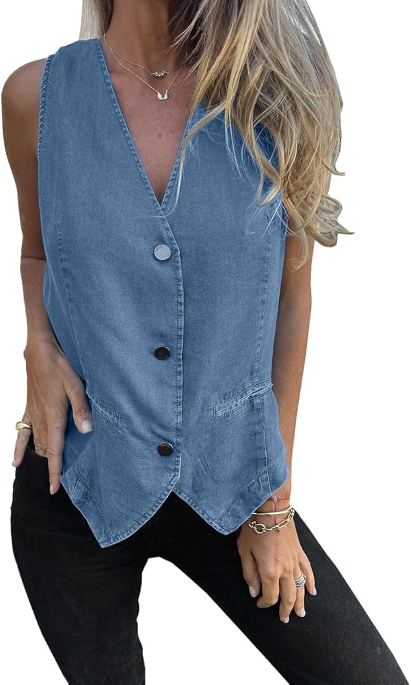 Imily Bela Womens Denim Vest V Neck Button Down Sleeveless Jean Jacket Casual Waistcoat Vest