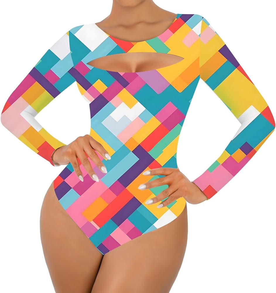 Women's Bodysuit Long Sleeve Crew Neck Cutout Front Leotard Printed Bodysuit Thong for Women Sexy T-Shirt Top Going out