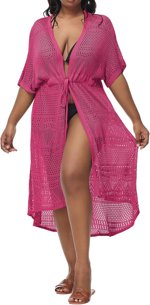 Hanna Nikole Women Plus Size Long Cover-ups for Swimwear Open Front Tie Beach Kimono Cardigan Flowy Beachwear