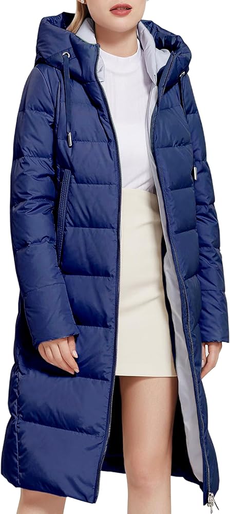 Women Long Puffer Coat Winter Hooded Zip Jacket Quilted Long Sleeve Knee Length Outerwear with Pocket