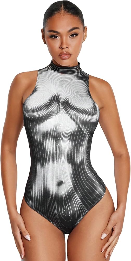 GORGLITTER Women's Body Print Mock Neck Bodysuit Body Heat Map Sleeveless Leotard Tops