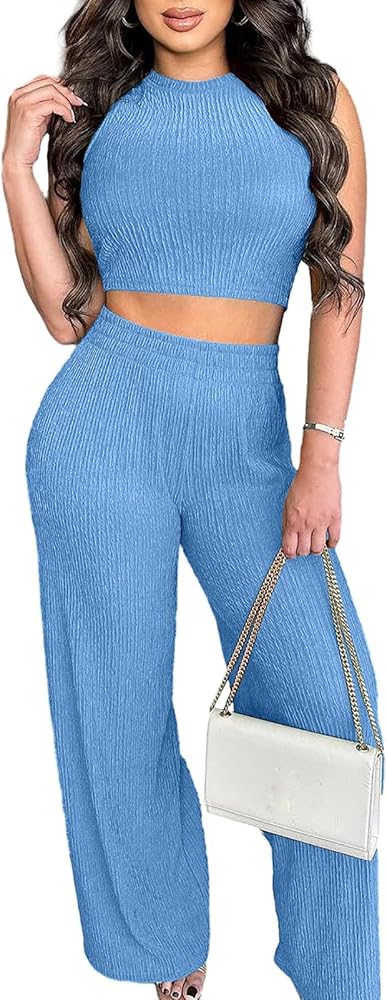 Ekaliy Two Piece Outfits for Women Sexy Crop Top High Waist Pant Set Summer Jumpsuits