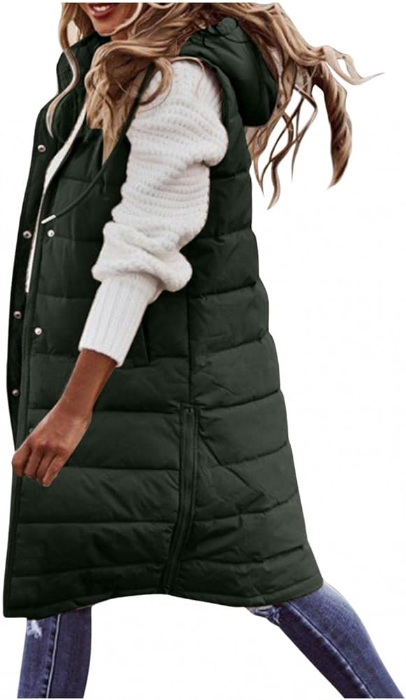 Long Puffer Vest for Women with Hood Sleeveless Puffer Jacket Lightweight Down Vest Full Zip Winter Quilted Vest