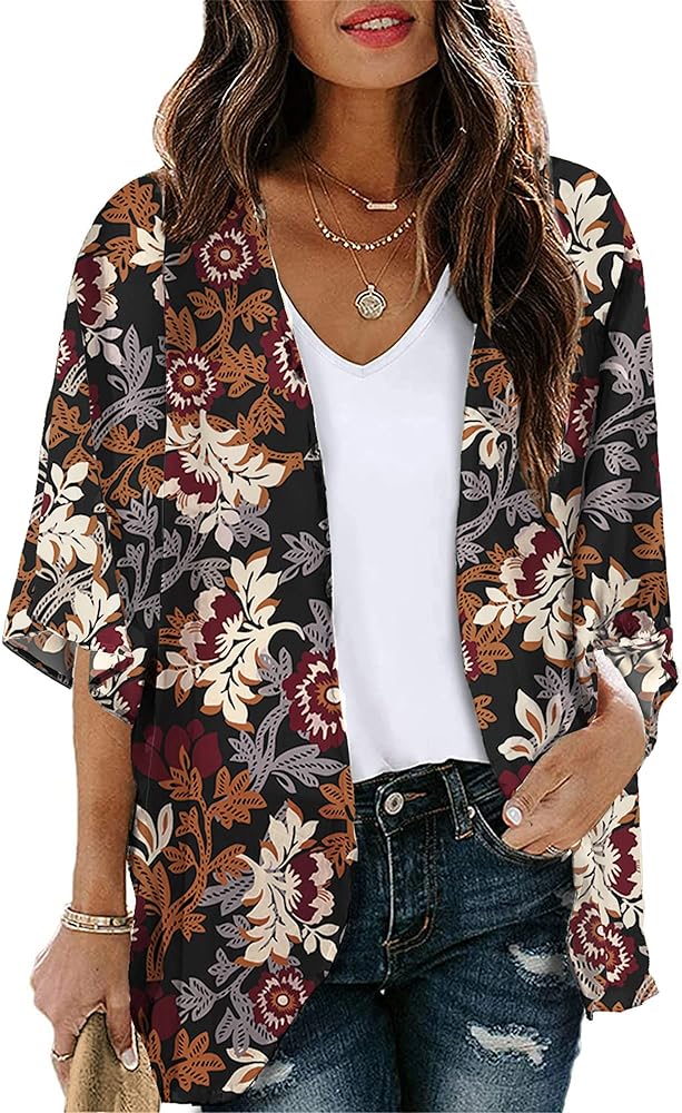 Chunoy Women Floral Print Lightweight Chiffon Kimono Cardigan Short Sleeve Loose Beach Wear Cover Up Blouse Top