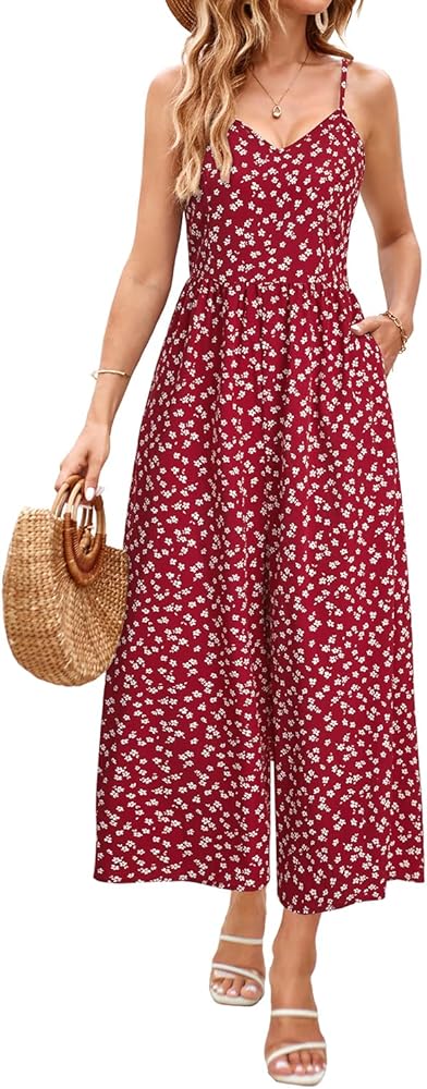 LAISHEN Wide Leg Jumpsuits for Women Dressy Casual 2024 Summer Rompers Smocked Sleeveless Floral Jumpers with Pockets