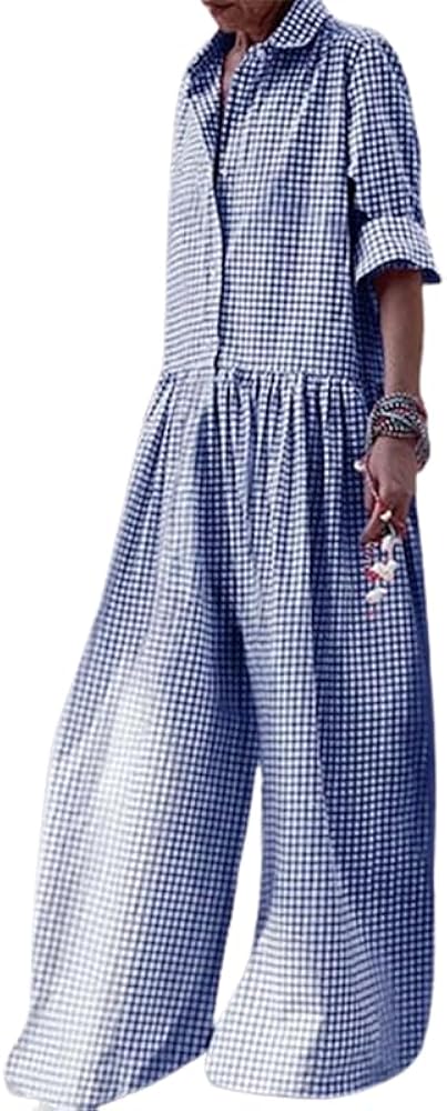 Akivide Women's Casual Loose Plaid Jumpsuits Long Sleeve Button Up Collared Pleated Wide Leg Long Pant Overalls Rompers