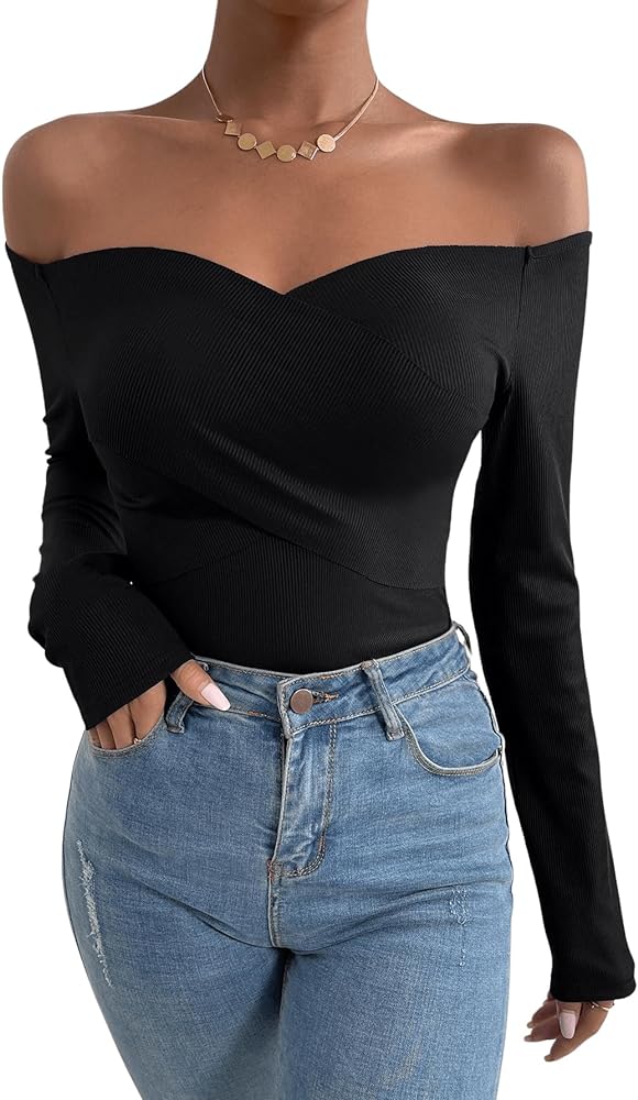 Verdusa Women's Long Sleeve Off Shoulder Ribbed Skinny Tee Bodysuit Top