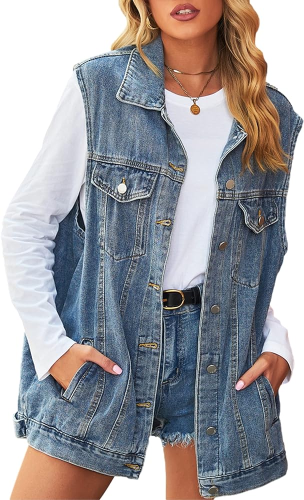 Denim Jean Vest for Women Oversized Sleeveless Mid Long Button Down Denim Waistcoat