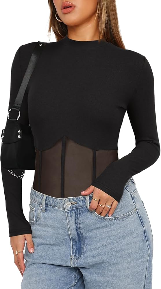 Darong Women Long Sleeve Bodysuit Crew Neck Mesh Sheer Panels Bodysuits Shirt Tops