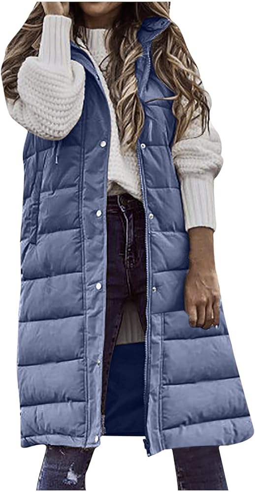 Puffer Vest Women Long Down Hooded Vests Plus Size Winter Sleeveless Zip Up Jacket Thick Warm Coats Outerwear Long Puffer Vest for Women Sleeveless Fleece Jackets for Women 2023