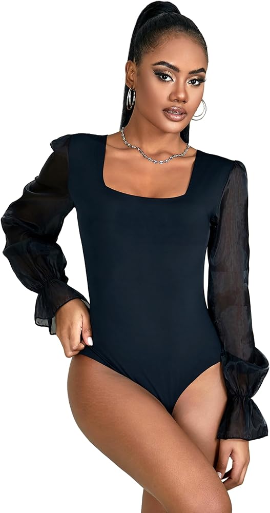 ohyeah Black Square Neck Bodysuit for Women Elegant Mesh Puff Long Sleeve Shirts Sexy Body Suit Going Out Top Leotard, 6-14