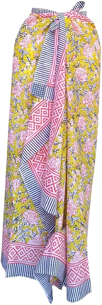 100% Cotton Hand Block Print Sarong Womens Swimsuit Wrap Cover Up Long Womens Apparel Fabric (73" x 44")