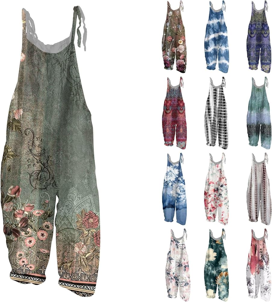 Jumpsuit for Women 2024 Casual Floral Print Loose Vintage Shoulder Strap Cotton Linen Plus Size Overalls