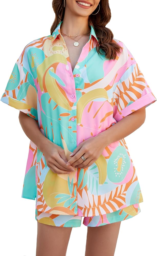 KIDDAD Women's Summer 2 Piece Vacation Outfits Tropical Printed Short Sleeve Hawaiian Shirt and Shorts