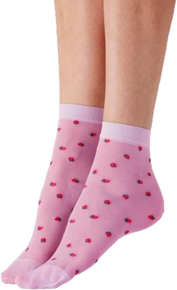 Women's Strawberry Sheer Socks- perfect sheer ankle socks for spring, Pink (Multi), One Size