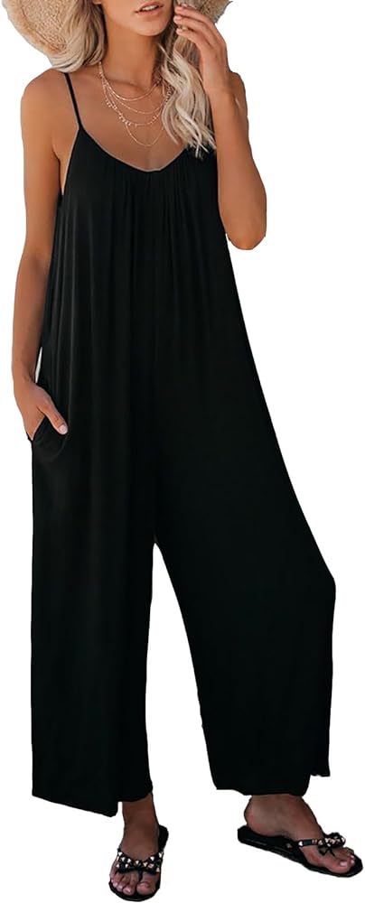 Lncropo Womens Casual Jumpsuits Overalls Wide Leg Bib Pants Linen Rompers