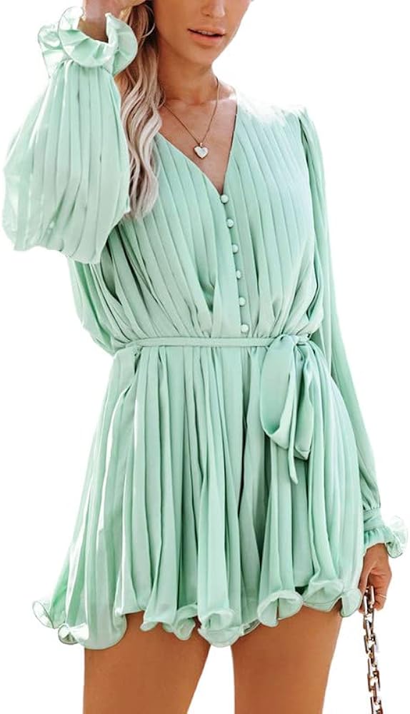 Dokotoo Womens 2023 Summer Buttons V Neck Tie Waist Flared Pleated Drape Long Sleeve Rompers Jumpsuits