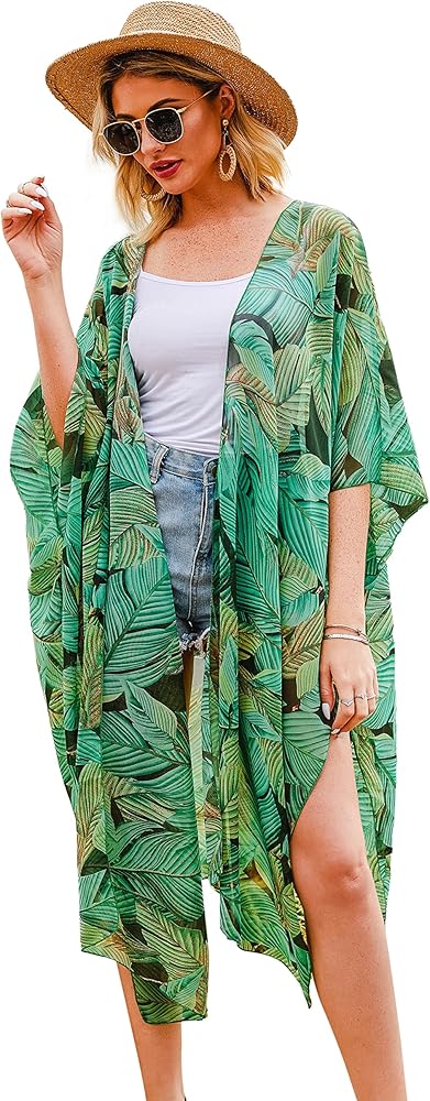 Hibluco Women's Long Floral Kimono Printed Cardigan Sheer Swimsuit Cover Ups