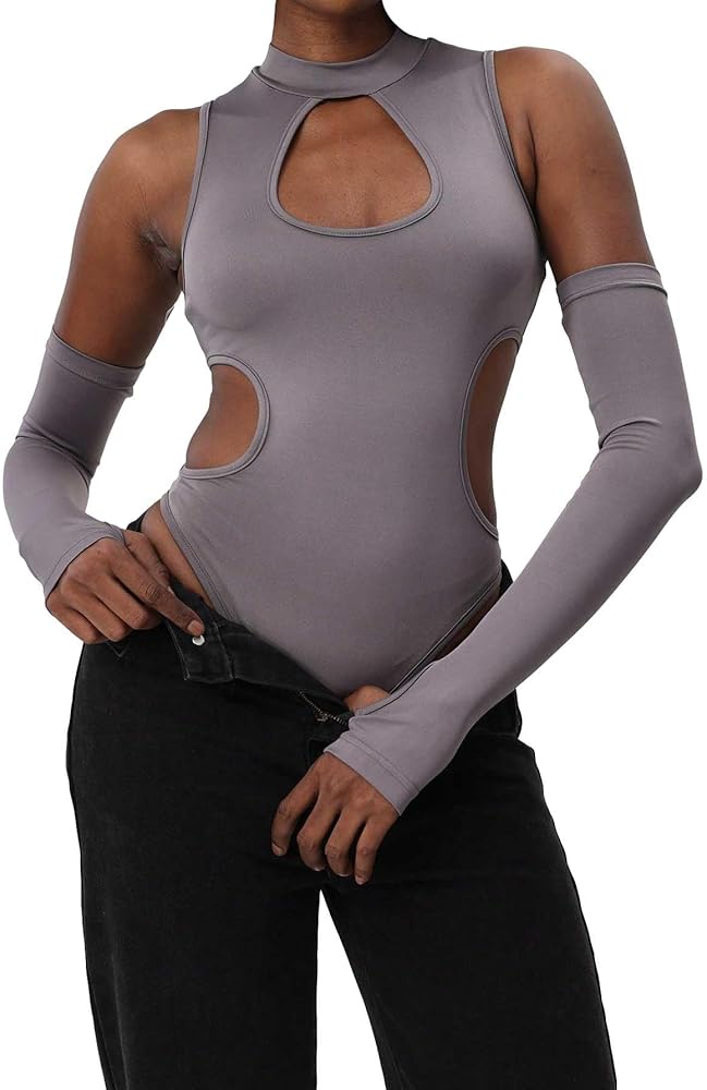 OYOANGLE Women's Cut Out Sleeveless Mock Neck Tank Bodysuit Slim Fit Shirt Tops with Arm Sleeves