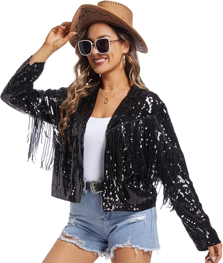 Women's Sequin Fringe Jacket Long Sleeve Tassel Shiny Sparkle Party Disco Outfits Vintage Coat Clothes