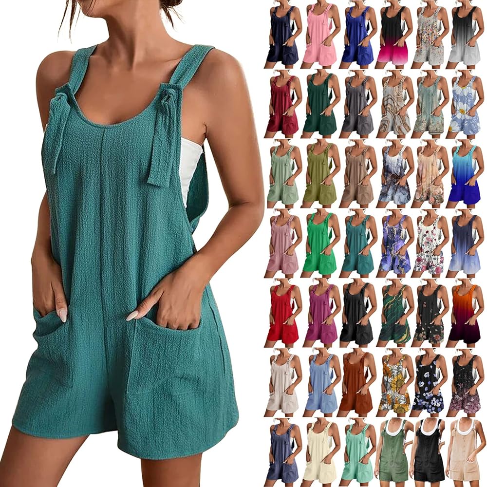 Rompers for Women 2024 Summer Short Jumpsuits Overalls Dressy Casual Sleeveless Boho Suspenders Jumpsuit with Pocket