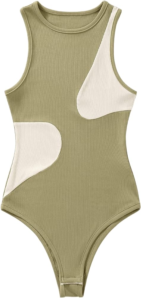 SweatyRocks Women's Ribbed Knit Colorblock Bodysuit Sleeveless Round Neck Tank Tops Bodysuit for Women Summer Slim Fit