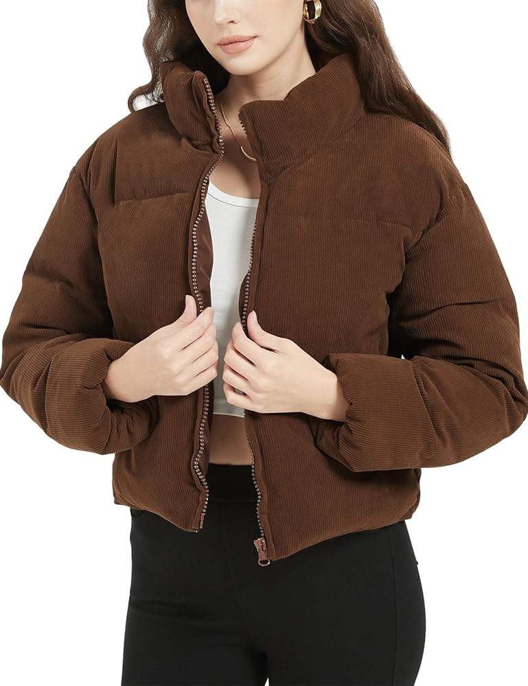 Women’s Corduroy Puffer Jacket Winter Quilted Coats Lightweight Ribbed Short Down Jackets Outerwear