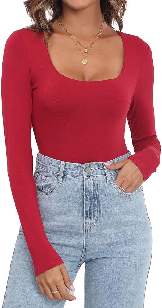 Womens Sexy Square Neck Bodysuit Tops Soft Stretch Long Sleeve Blouse Casual Leotard