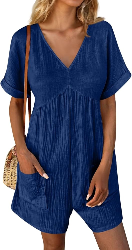 Womens Summer Rompers Casual V Neck Short Sleeve Smocked Overall Shorts Back Zipper Jumpsuits With Pockets