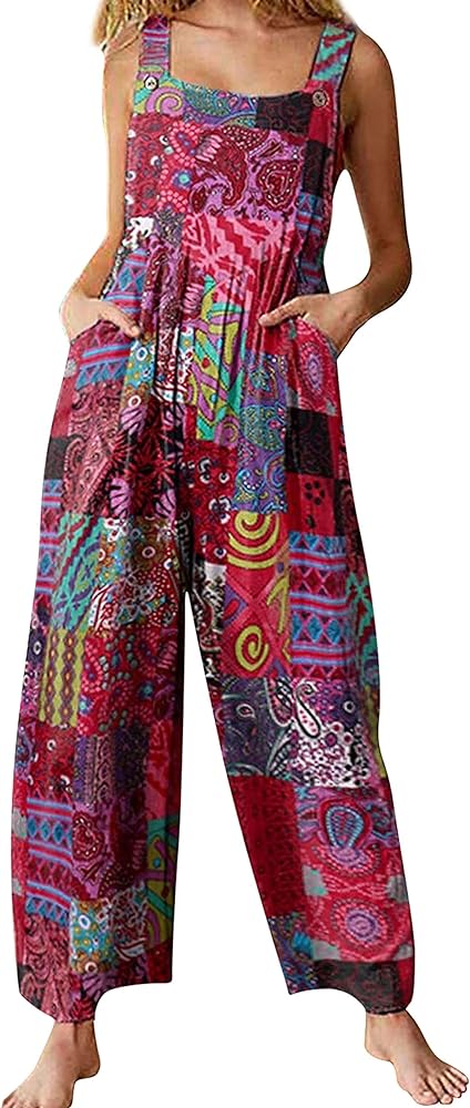 UANEO Overalls for Women Loose Fit Summer Wide Leg Jumpsuits Floral Boho Clothes