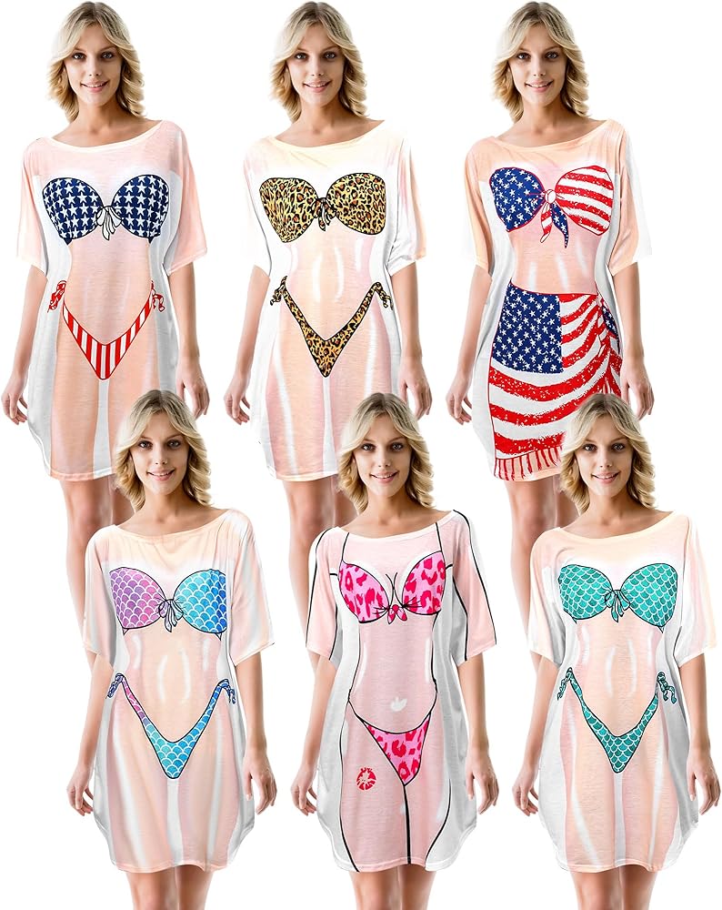 6 Pack Women's Bikini Cover ups Shirt Short Sleeve Swimsuit Baggy Swimwear Bikini Print Beach Dress T shirt