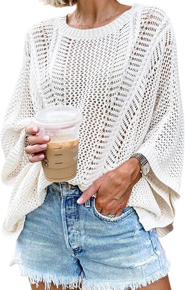 Women's Crewneck Knitted Hollow Out Crochet Cover Ups Long Sleeve Pullover Sweater Beach Swimsuit